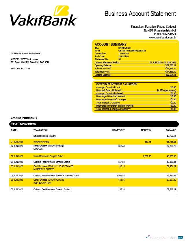 Download Vakifbank company account statement Word and PDF template Photoshop template
